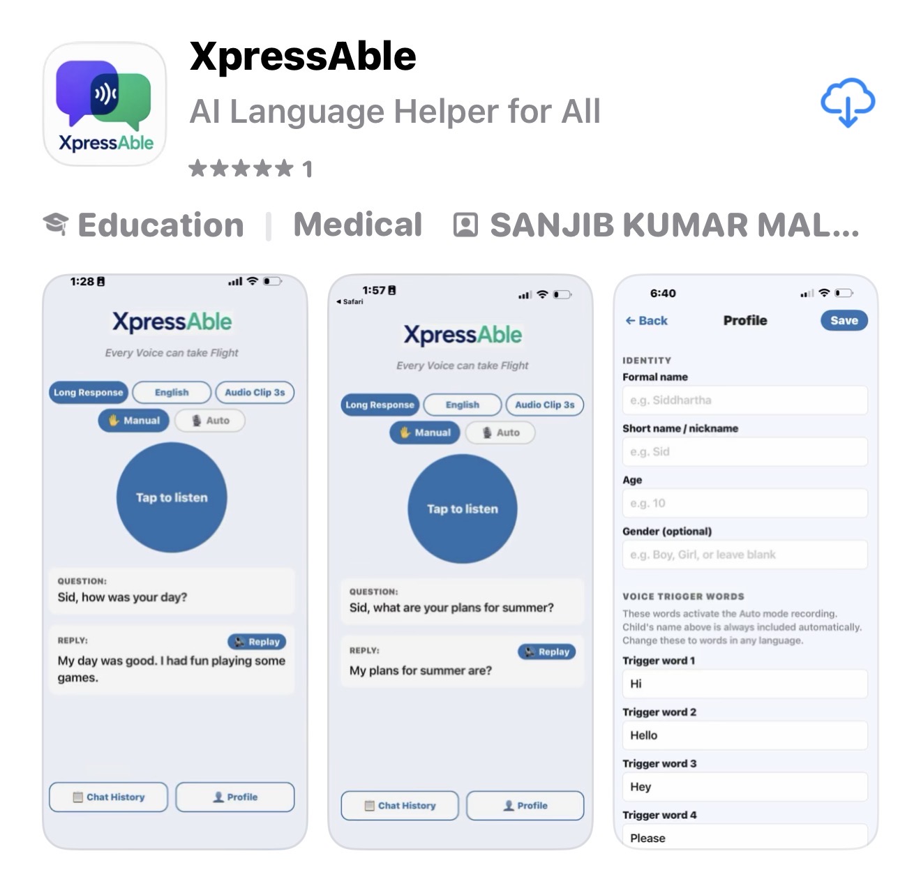 XpressAble listing on the App Store, showing the Tap to Listen screen and Profile setup screen